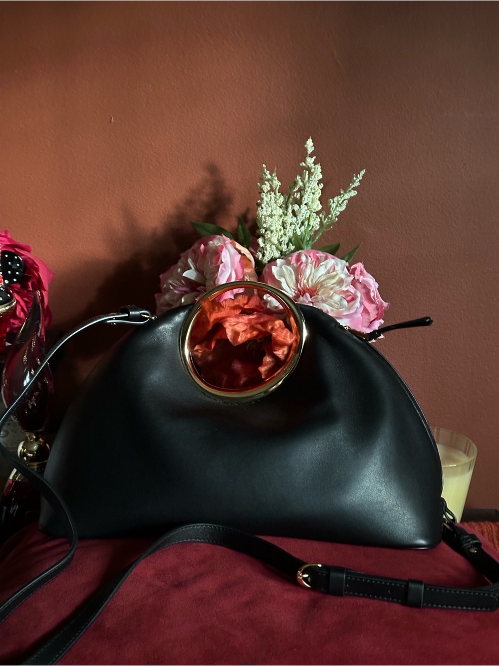 Jacquemus Le Calino Authentic Black Leather Shoulder Bag with Gold Ring Handle